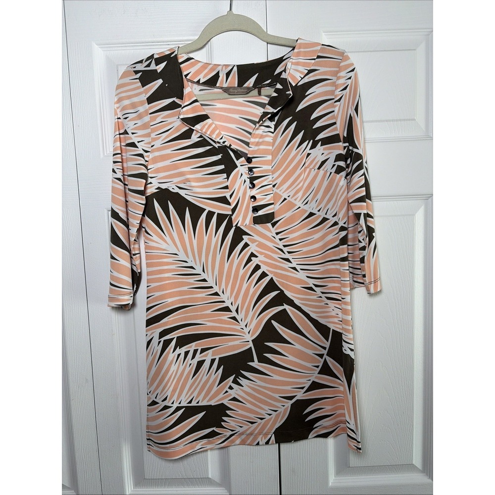 Tommy Bahama Palm Leaf Tunic Womens Size M Pink Brown Henley Tropical